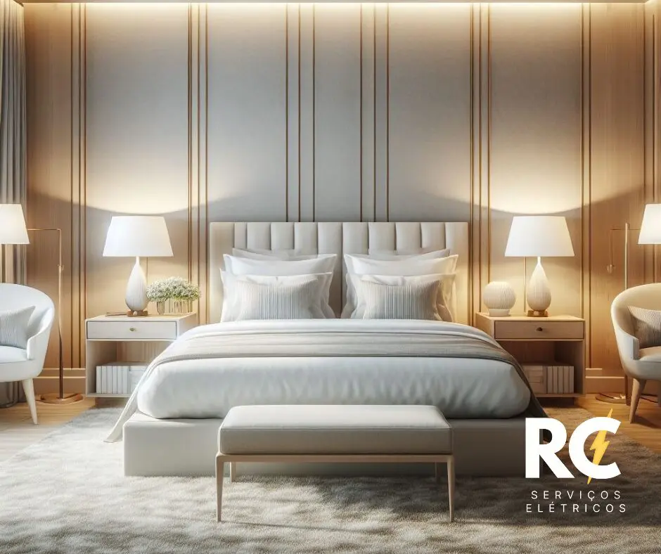 Projeto luminotecnico para um quarto de casal com luzes brancas.