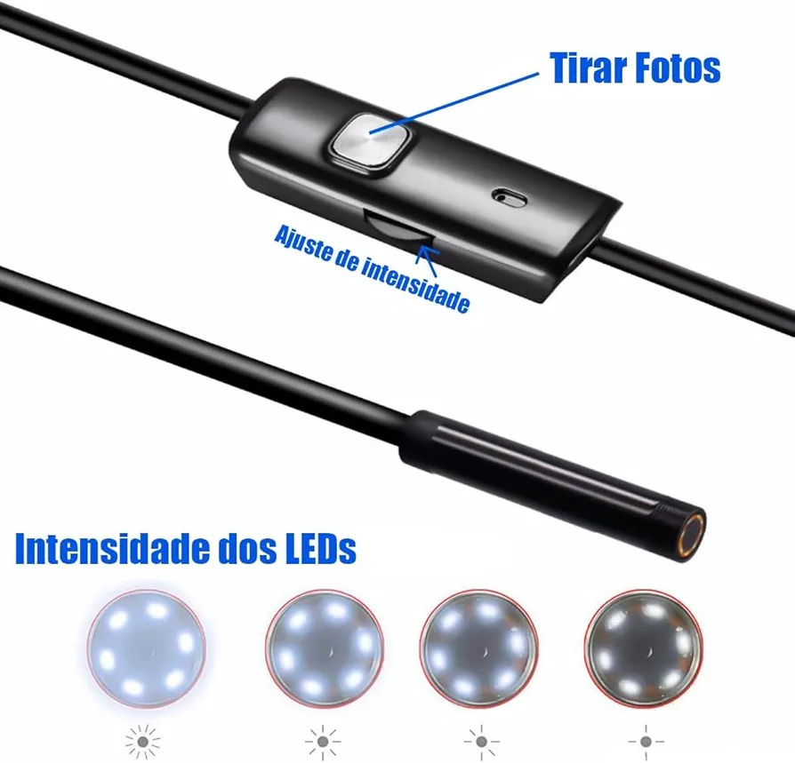 Câmera Endoscópio 5 Metros 6 Leds Flexível Sonda Digital 7mm Prova D'água Usb para Celular Pc Notebook 